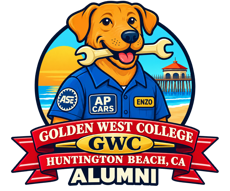 Enzo AP Cars mascot and Golden West College automotive alumni emblem