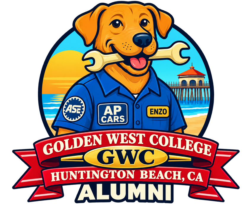 Enzo AP Cars mascot and Golden West College alumni emblem