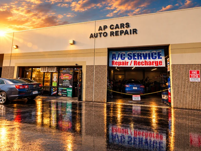 AP Cars exterior with a vehicle inside the open service bay.