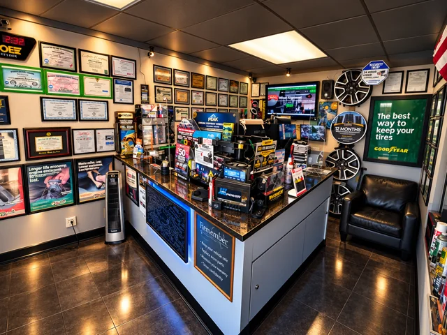 Service counter with shop displays and seating beside the window.