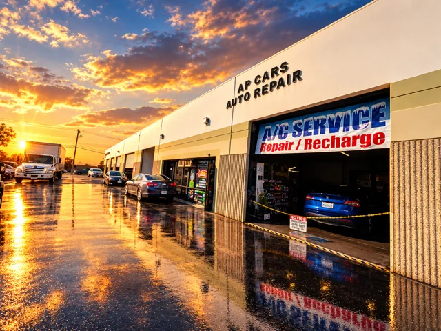 AP Cars signage above an open service bay at sunset.