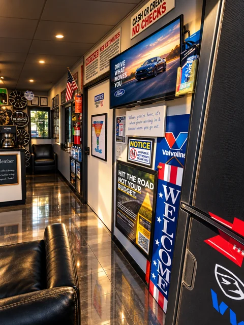 Seating and wall displays near the reception entrance.